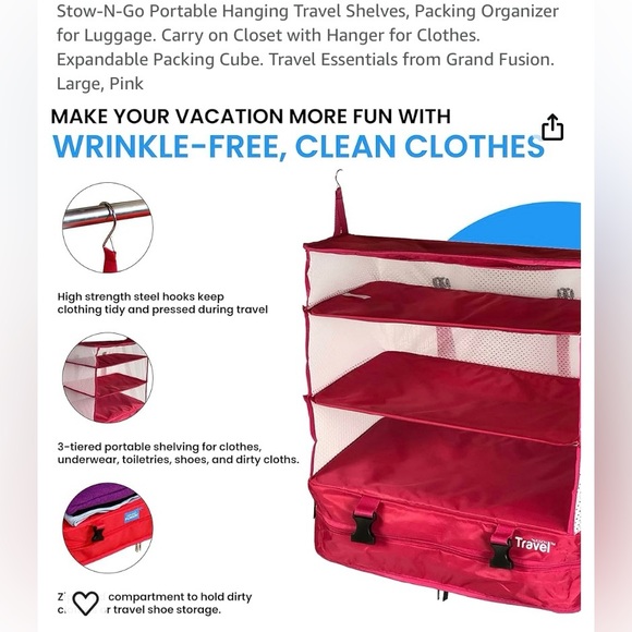 STOW AND GO portable hanging travel shelves for easy packing- large size- pink - Picture 2 of 8